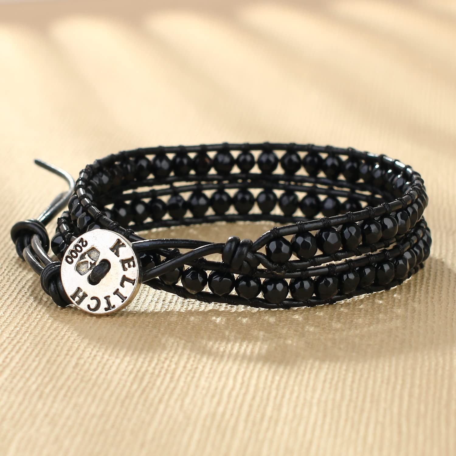 KELITCH合成瑪瑙ビーズブレスレット天然レザー手織りブレスレットレトロファッション友情ジュエリー