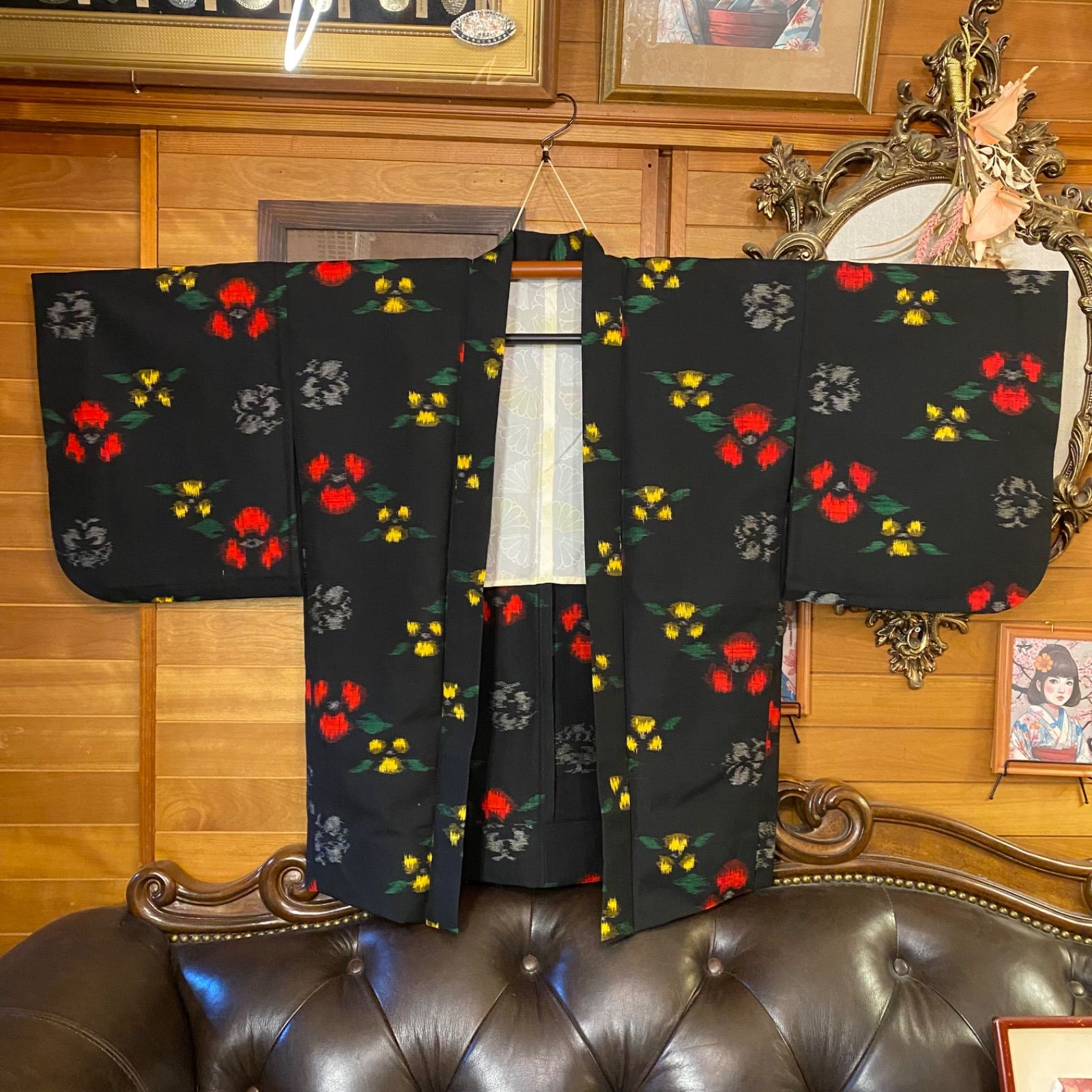 着物リメイク ミニミディ ワンピース アンサンブル 帯サッシュベルト付き 和洋折衷 ハンドメイド レトロ 古着 黒地×ぼかし椿 aKW-90 WWW_OLIVIERBERNSTEIN_COM