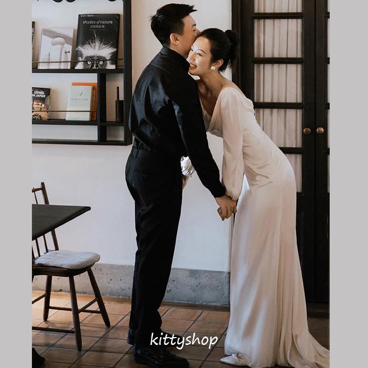 ウェディングドレス 白 サテン 二次会ドレス マーメイドドレス 長袖  