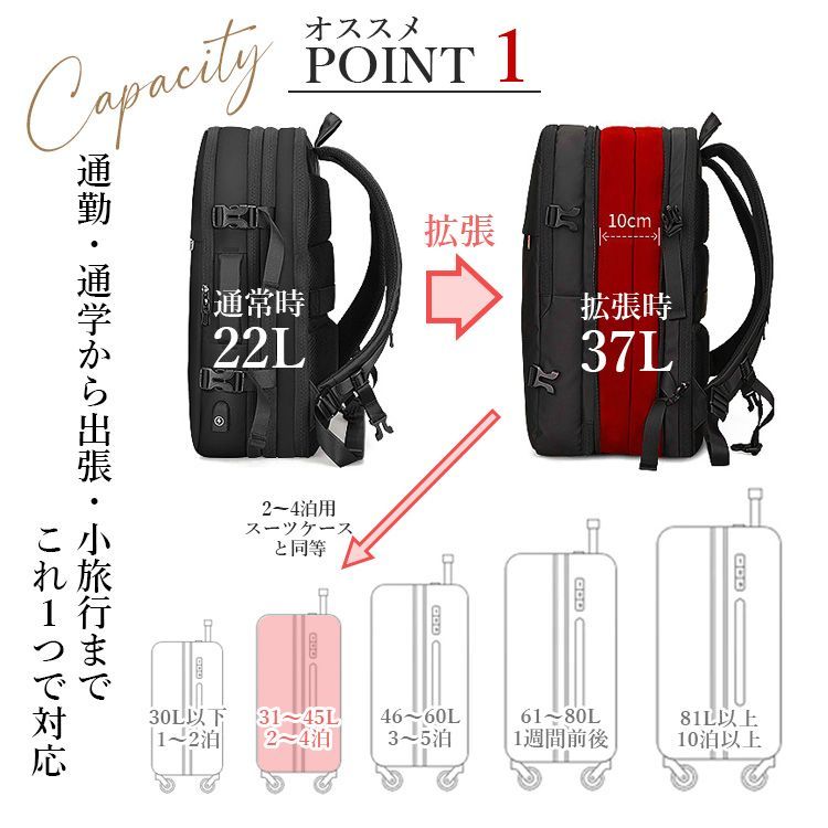 メンズ ビジネス リュック 大容量 37L 最小22L 可変 拡張型 防水
