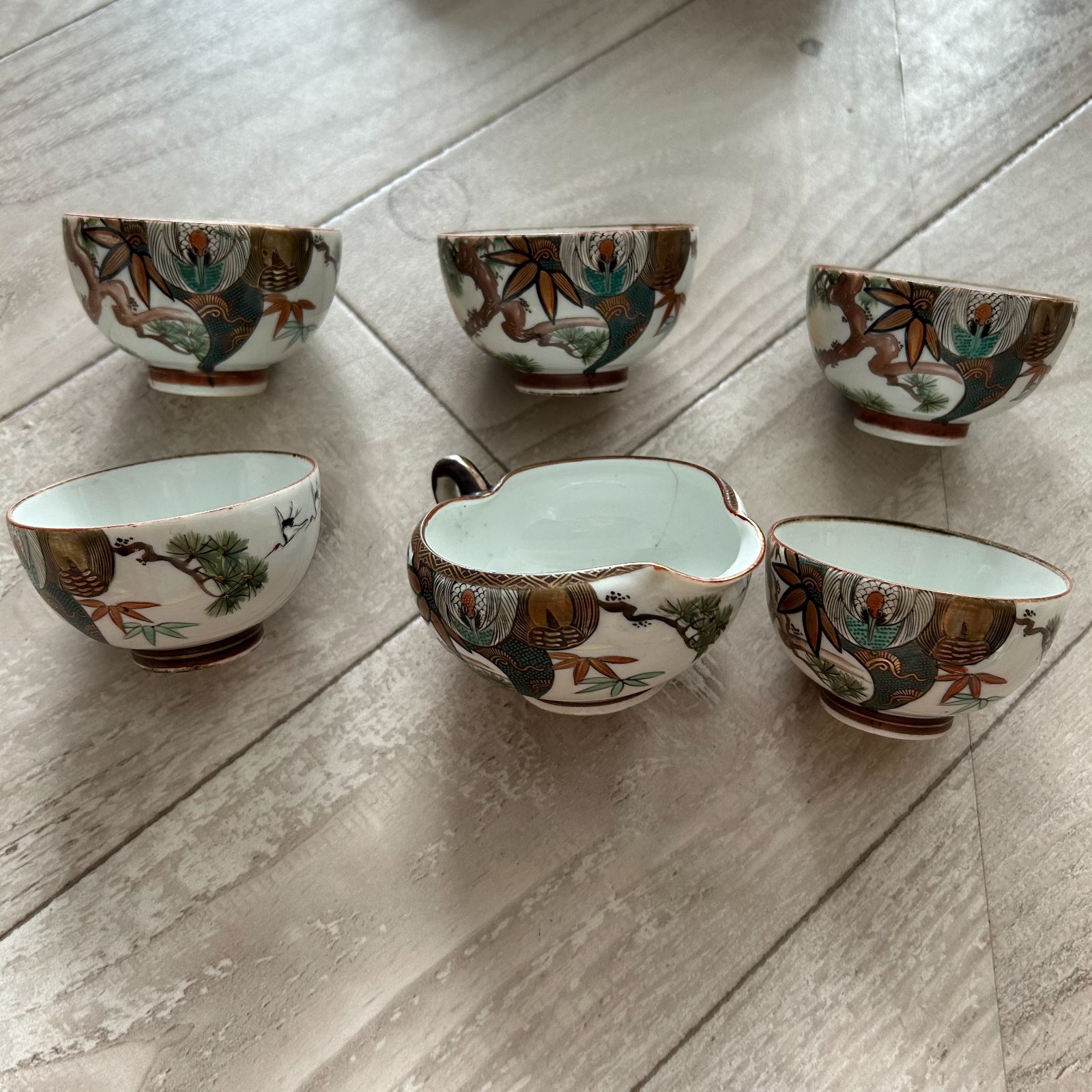九谷焼 6点まとめセット 湯冷まし 湯呑 松 鶴 紅葉 青粒 富士 金彩