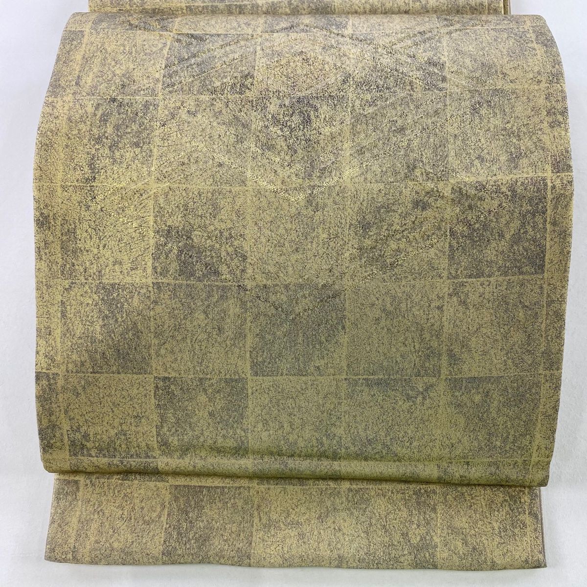 袋帯 秀品 落款 紬地 菱 格子 金彩 金色 お太鼓柄 正絹