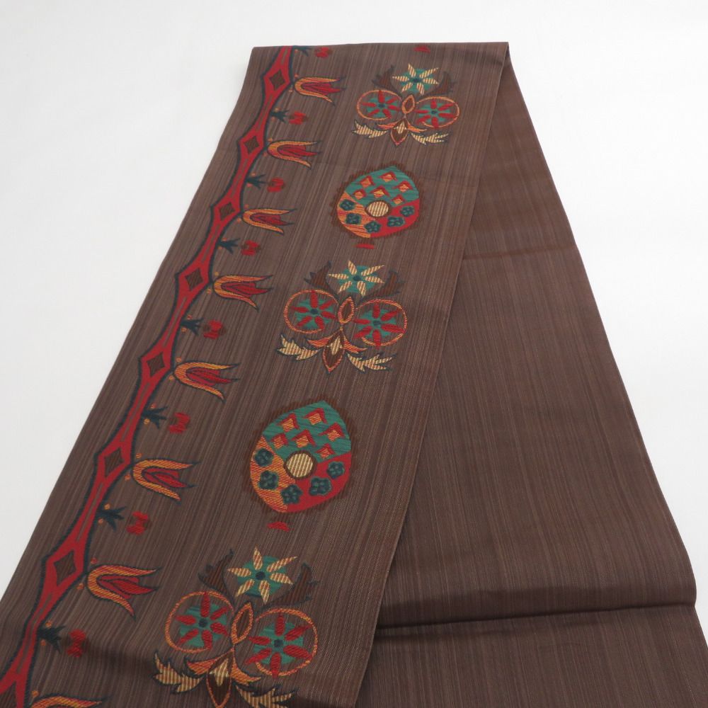 袋帯 洒落袋帯 正絹 茶色ｘ赤色ｘ多色 エスニック調 草花模様 六通柄 六通柄 長さ432cm