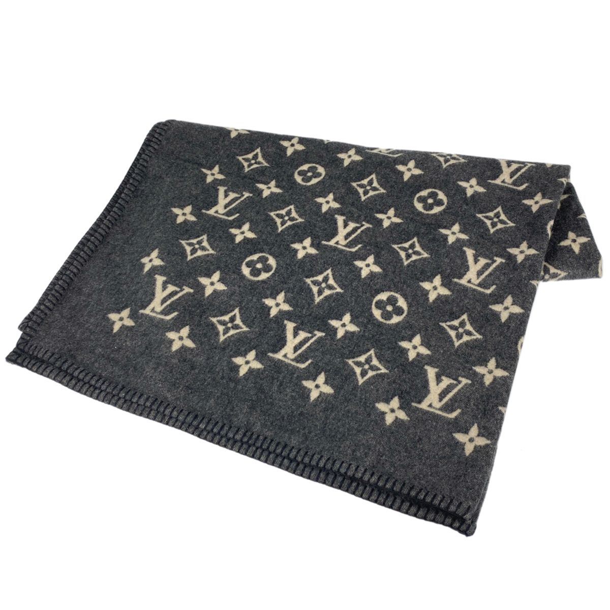 ルイ ヴィトン Louis Vuitton モノグラム柄 毛布 ブランケット ウール カシミヤ グレー ベージュ M71128 レディース