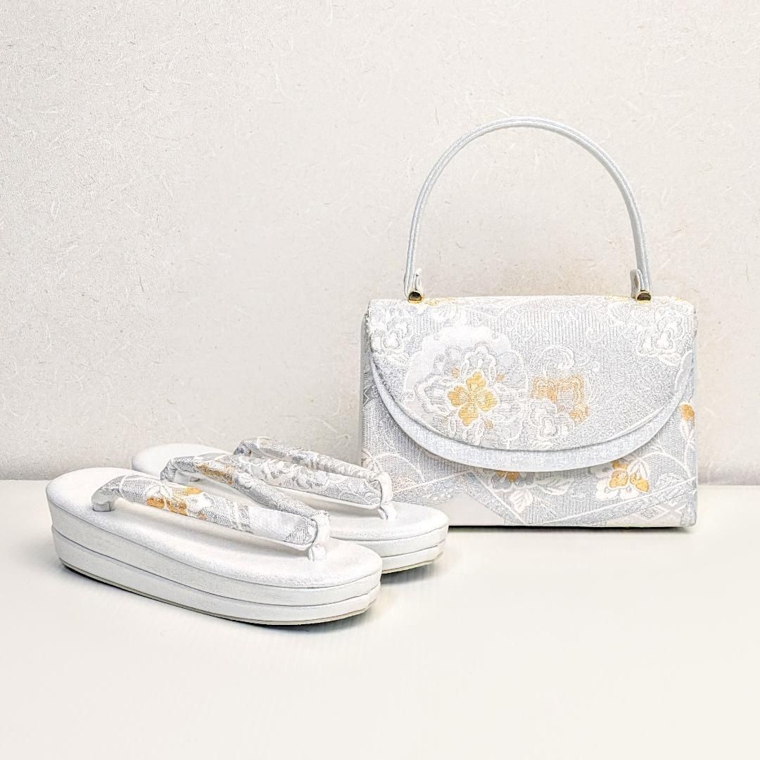 和装 草履バッグセット 古典 帯地 ホワイト 白×シルバー フリーサイズ w58 和装 草履バッグセット 古典 帯地 ホワイト 白×シルバー フリーサイズ w58