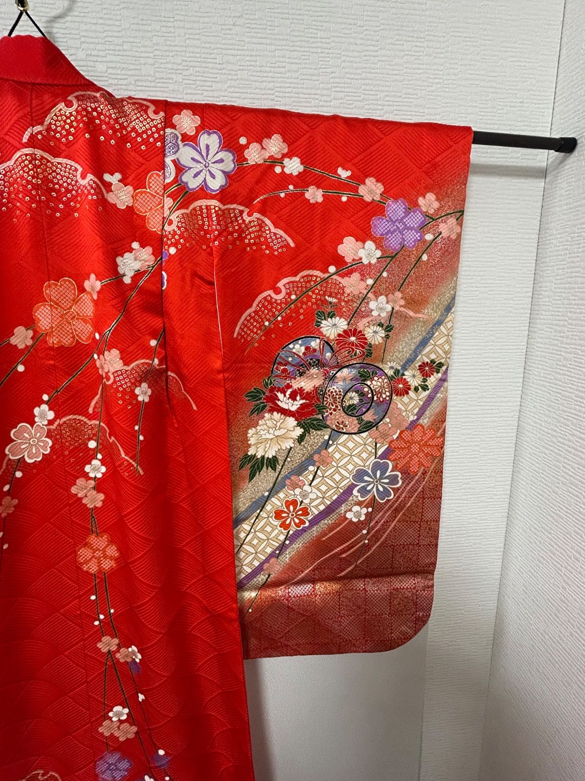 正絹 女児四つ身着物 帯セット 赤 七五三 正絹着物セット 7歳 12点