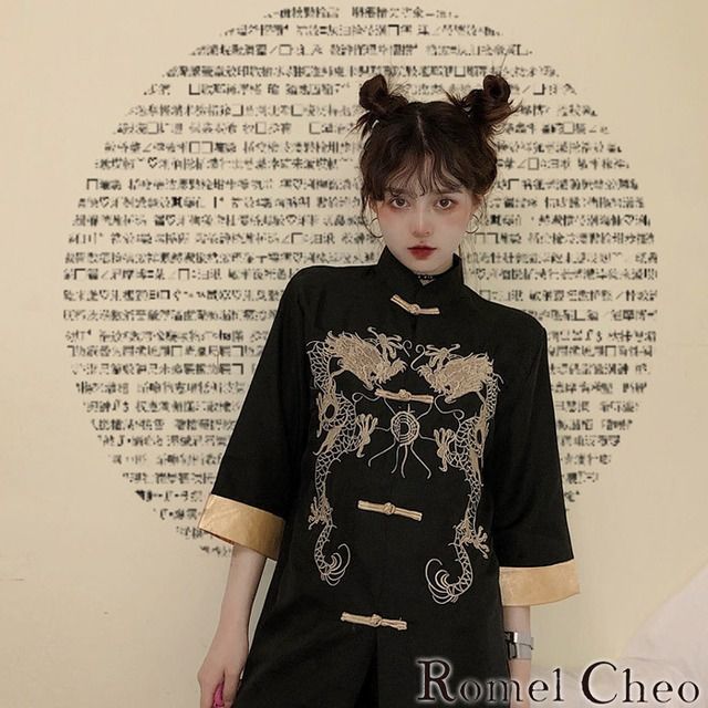 RomelCheo 龍柄 チャイナシャツ 半袖 和風 和柄 レディース チャイナボタン 刺繍 スタンドカラー 和服 原宿系 ストリート Tシャツ  ワイドシルエット 青文字系 ファッション 病みかわ ゆめかわ ロリータ ロメルチェオ メルカリ