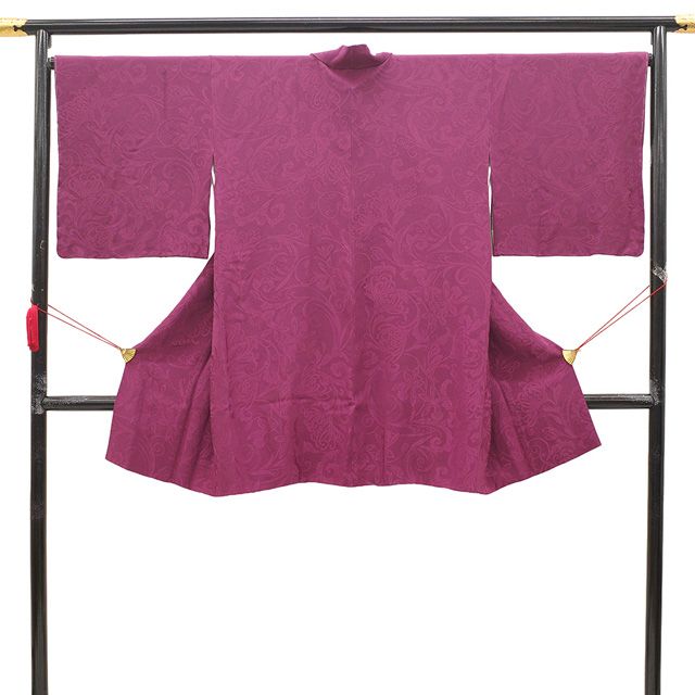 新古品 着物衿 コート 正絹 袷 赤紫色 オーキッドパープル 地紋 花唐草 フォーマル ~ カジュアル 春 秋 冬 美しいお色合い 着物衿コート 仕立て上がり 身丈98 裄丈67.5 M~Lサイズ ハオリモノ みやがわ sb16332