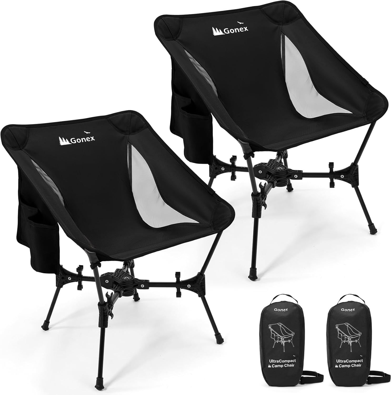 Gonex アウトドアチェア コンパクトな収納 20 秒迅速なインストール キャンプチェア 1500g 超軽量 耐荷重 150kg 折りたたみ式 より安定 ハイキング 釣り 登山 ドリンクホルダーと収納袋付き 黒-2 個セット