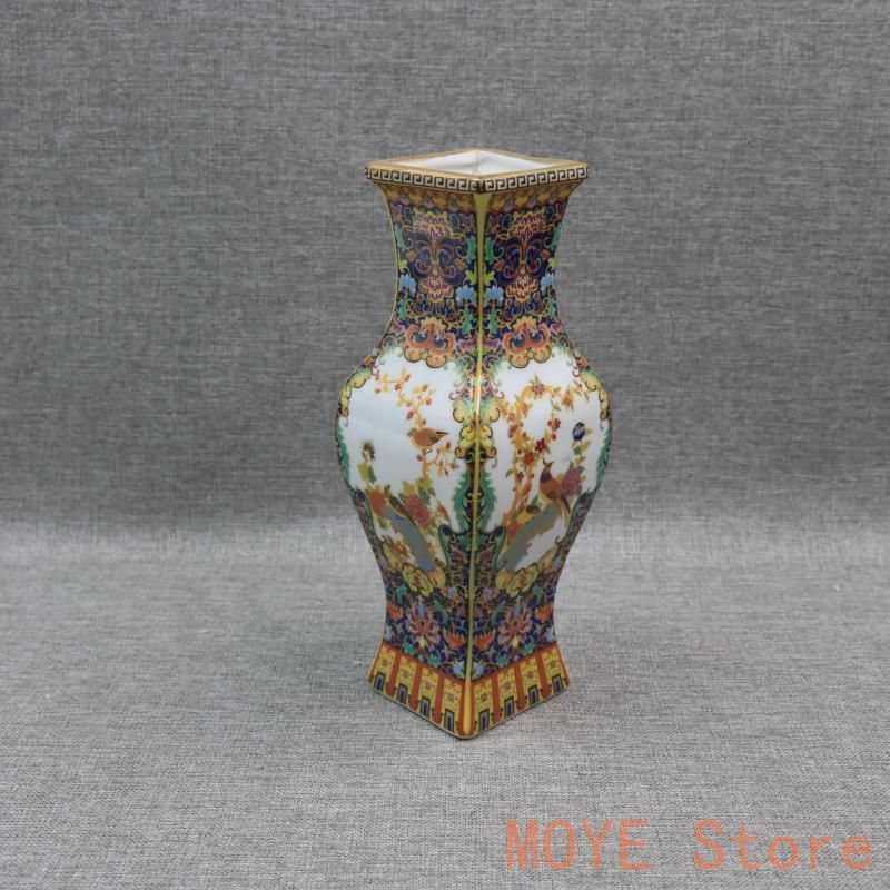 琺瑯彩蒔絵花鳥四方瓶 挿花器 景徳鎮 陶磁器 装飾品 現代工芸品
