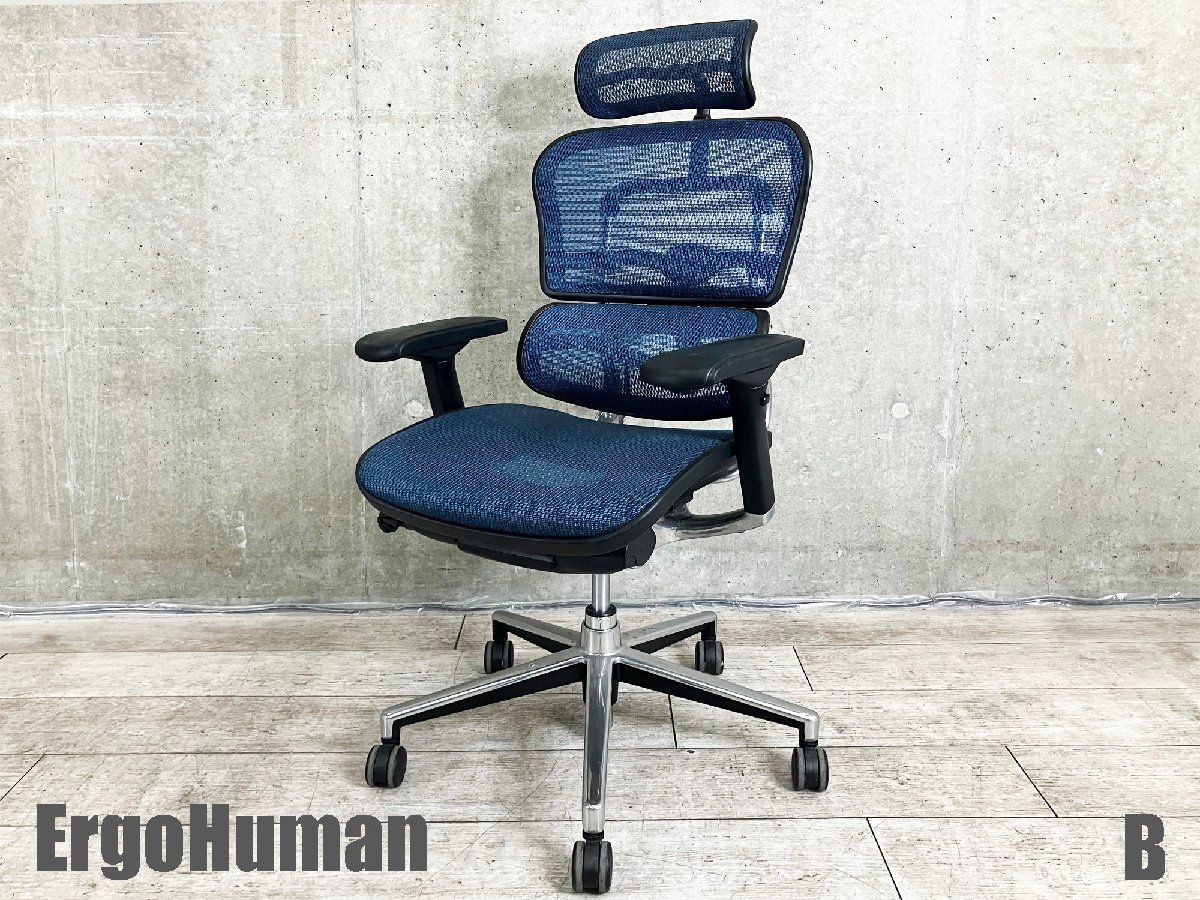 訳アリ B Ergohuman| エルゴヒューマン ベーシック ヘッドレスト付 メッシュ ブルー 肘パット破損あり