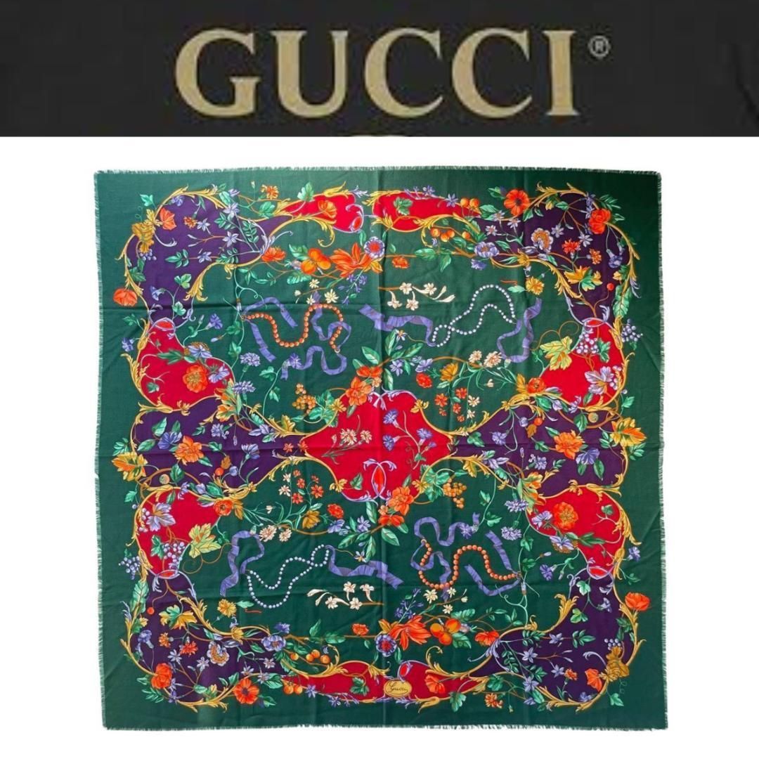 GUCCI グッチ 花柄 フローラ レディース 大判 ストール ショール シルク×ラナウール タグ有り グリーン 深緑系