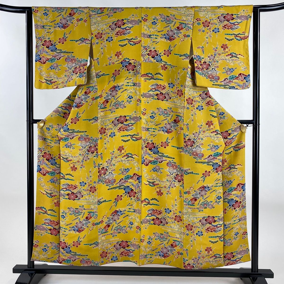 小紋 身丈154cm 裄丈62.5cm S 袷 松梅 鶴 縮緬 山吹色 正絹 秀品