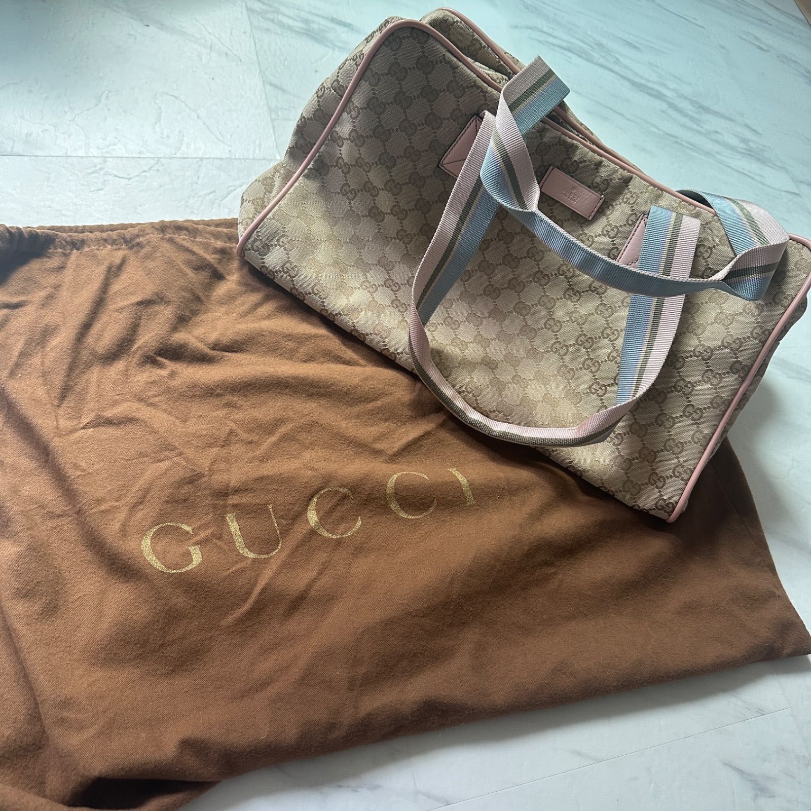 GUCCI グッチ シェリーライン ボストンバッグ ベージュ ピンク