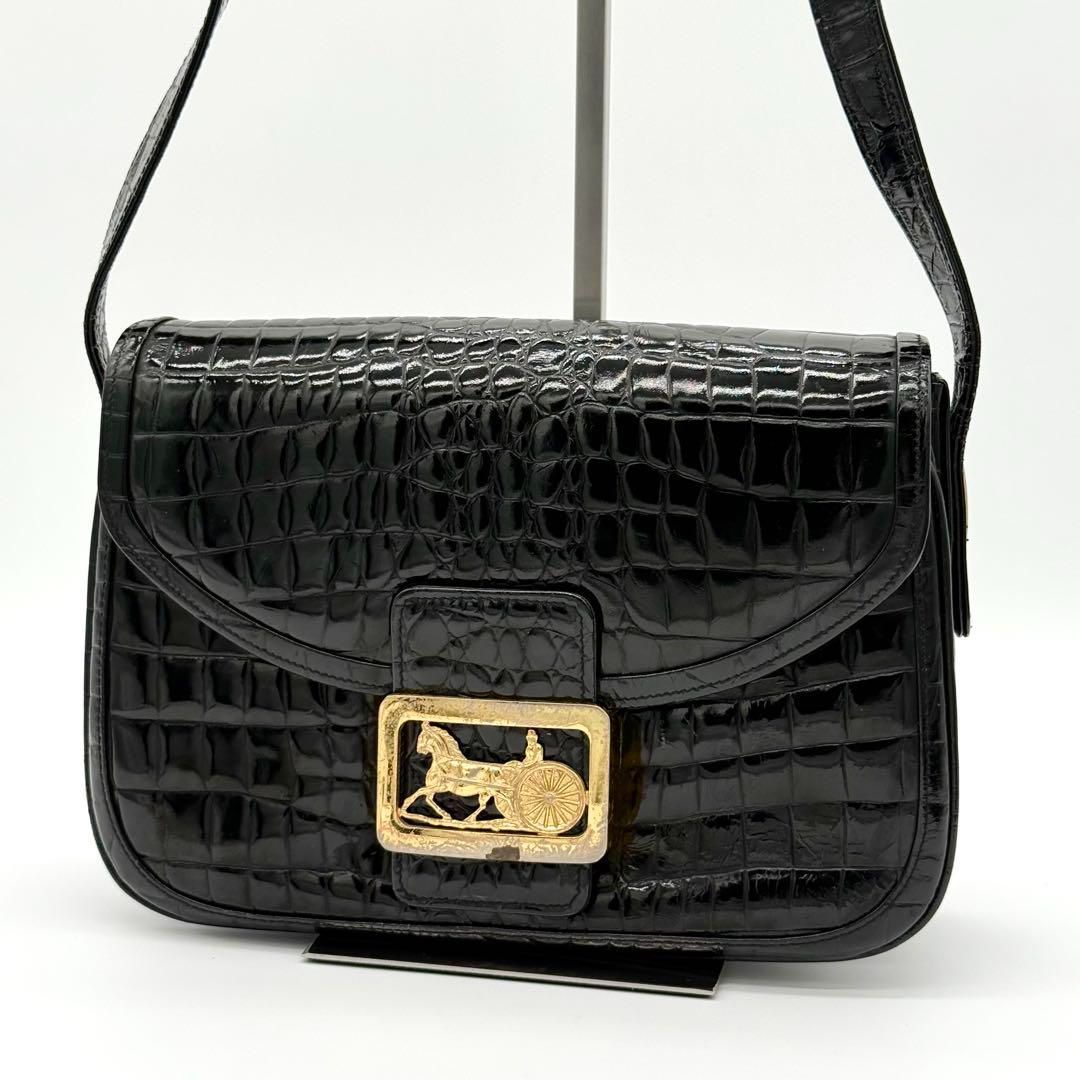良品】CELINE クロコ型押し 馬車金具 セミショルダーバッグ ブラック