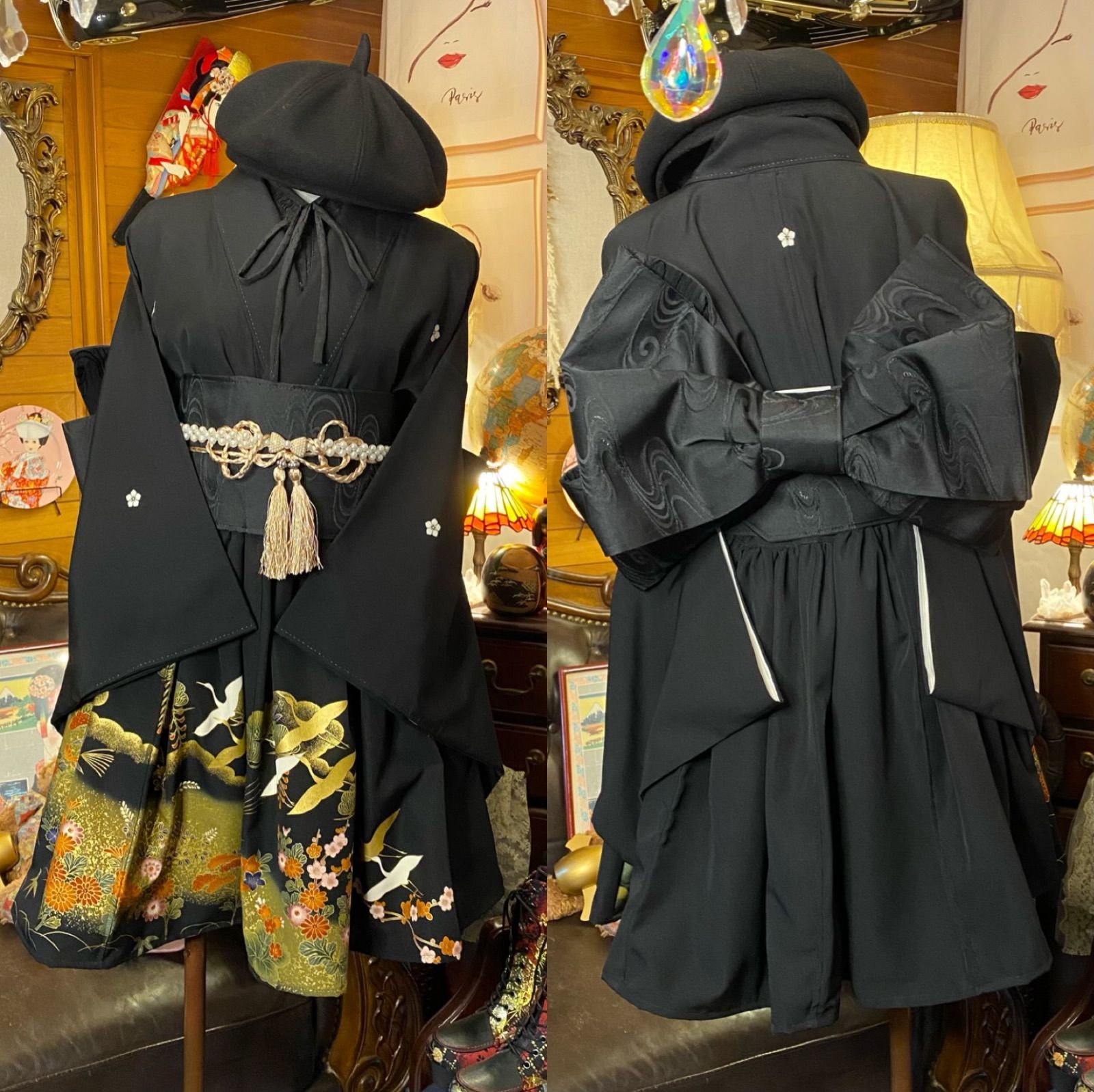 黒留袖 着物 リメイク ワンピース 帯付き 和洋折衷 黒留袖 着物 ミニ丈 ワンピース ドレス 2部式作り帯 和
