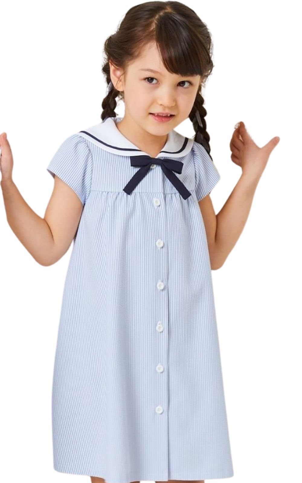 Size:120_Color:サックス [ショパン] 子供 女の子 半袖 接触冷感 クールマックス セーラーAラインワンピース