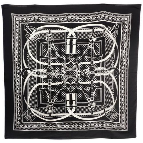 HERMES エルメス グラン マネージュ バンダナ カシシル カレジェアン ブラック黒 ホワイト白 カシミヤ シルク スカーフ 大判スカーフ ストール カレ140 大調教術 40802135185 アラモード