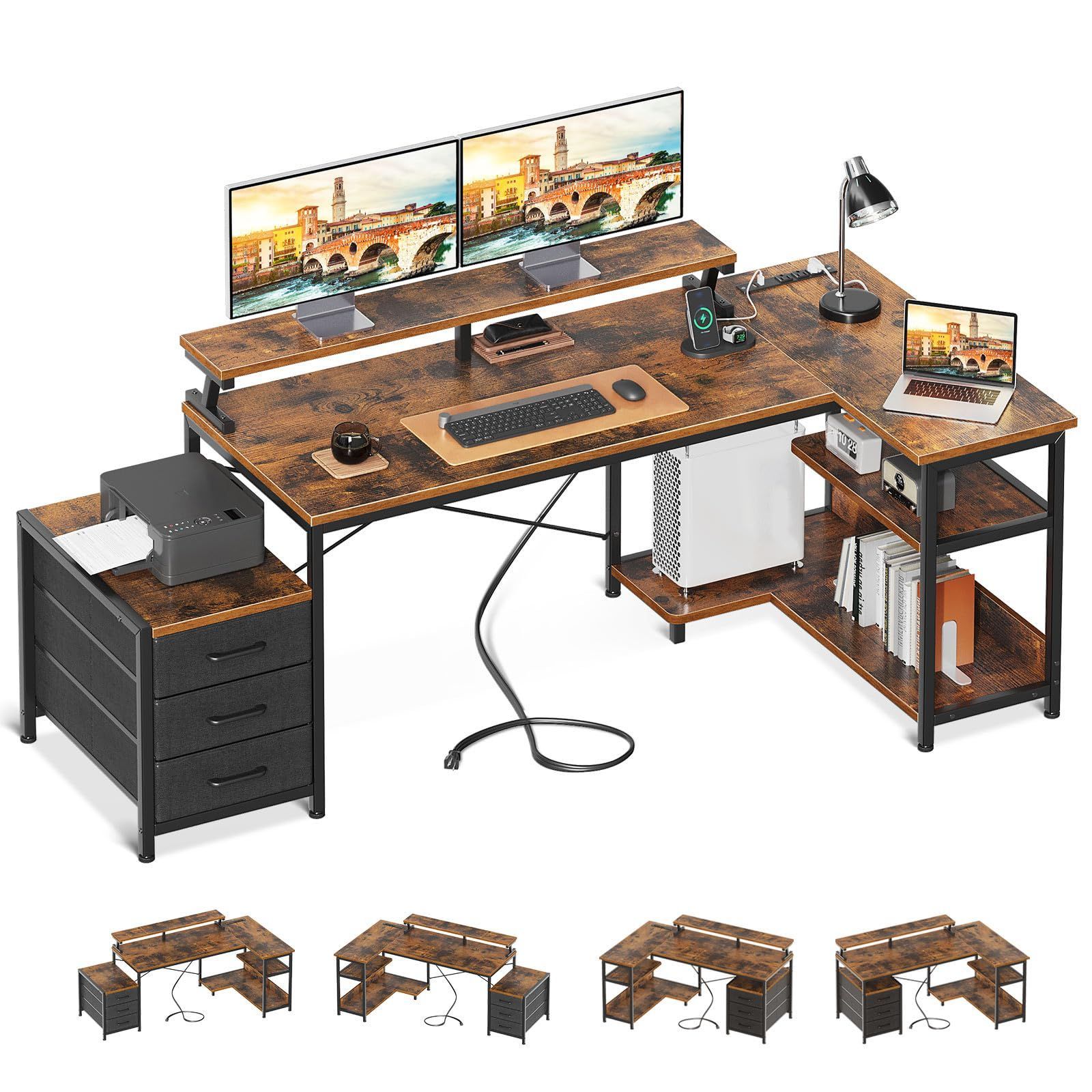 在庫処分 オフィスデスク 在宅勤務 収納 棚付き pcデスク 仕事用 幅184|146*80 机 デスク 組立簡単 l字デスク コンセント付き ゲーミングデスク ビンテージ 引き出し3杯付き パソコンデスク ODK