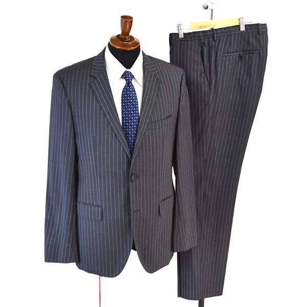 5TA092】ヒューゴボス BOSS 伊製生地 2つボタン シングル スーツ 50 / L / A8 ダークグレー ストライプ 袖口4つ釦 ノータック 春夏秋対応【中古】【メンズビジネス】202501