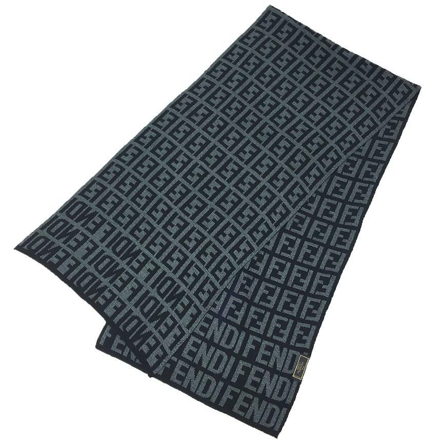 FENDI フェンディ マフラー FFズッカ×ロゴ ブラック グレー aq11188