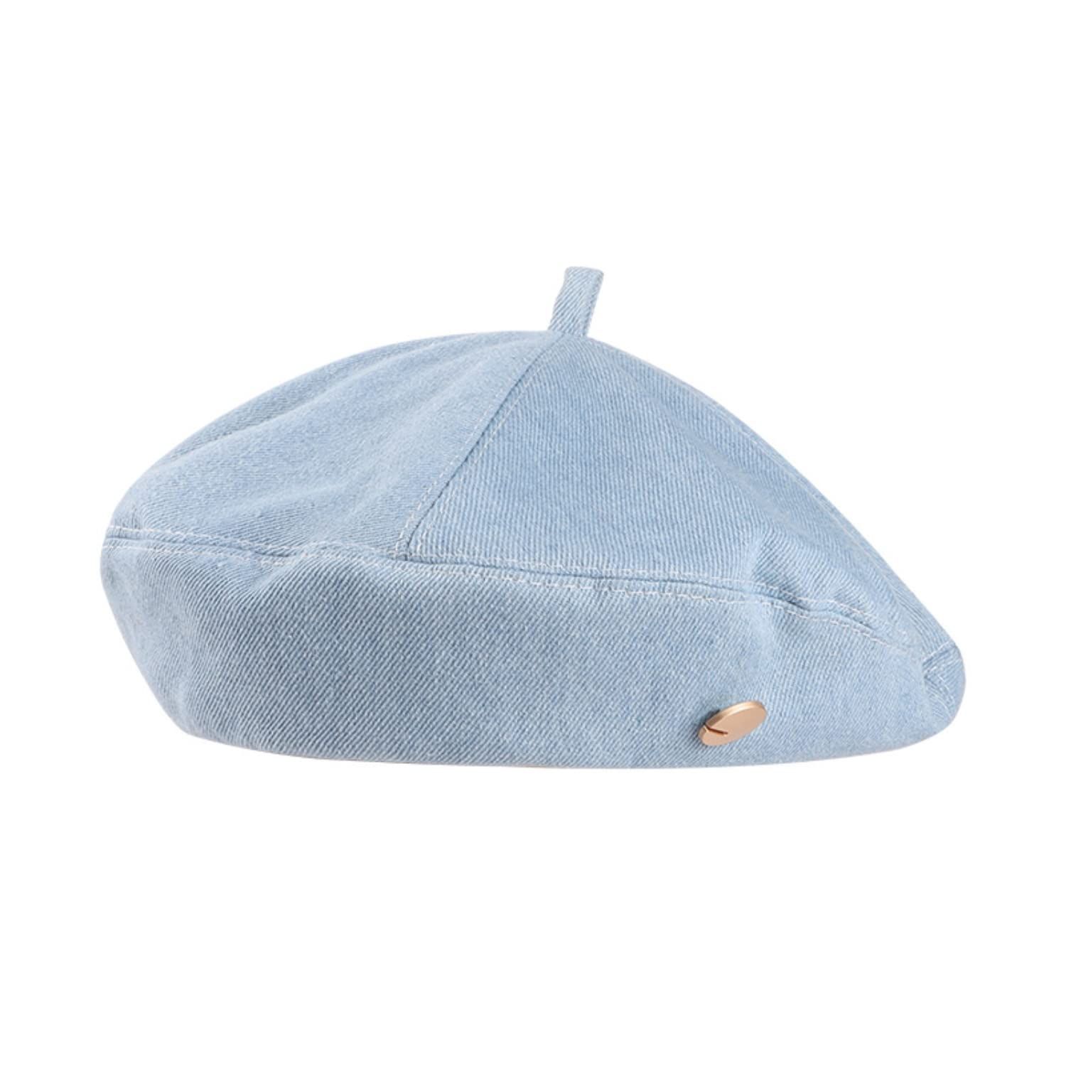 【色: ブルー】[Weuiean] デニム ベレー帽 レディース ボタン飾り 帽
