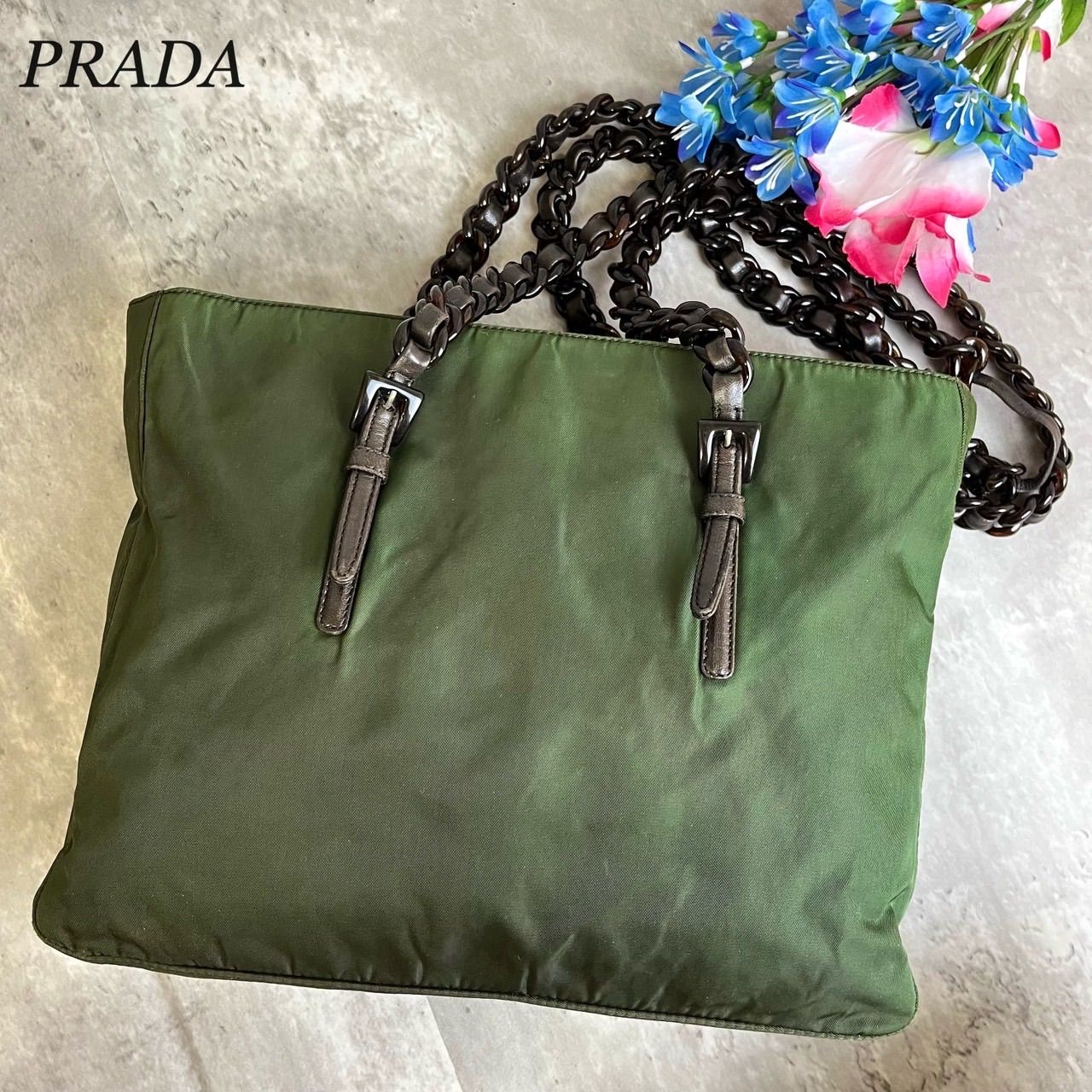プラダ トートバッグ テスートナイロン 三角ロゴ カーキ 緑  