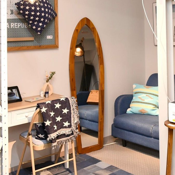 ♪サーフボード型 スタンドミラー 天然木フレーム 48✕160cm 姿見 ミラー 鏡 おしゃれ