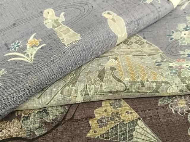 平和屋着物○生紬 切継 寄裂 人物風景花文 正絹 逸品 AAAU8006zg  