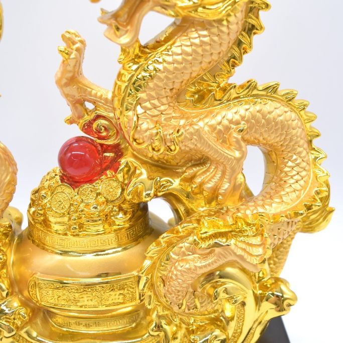 関羽 龍 樹脂製置物 元宝 形台座 如意宝珠 金色 25cm 置物