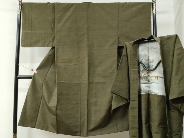 平和屋着物●男性 紬 アンサンブル 色無地 海松色 正絹 CAAW8574yc