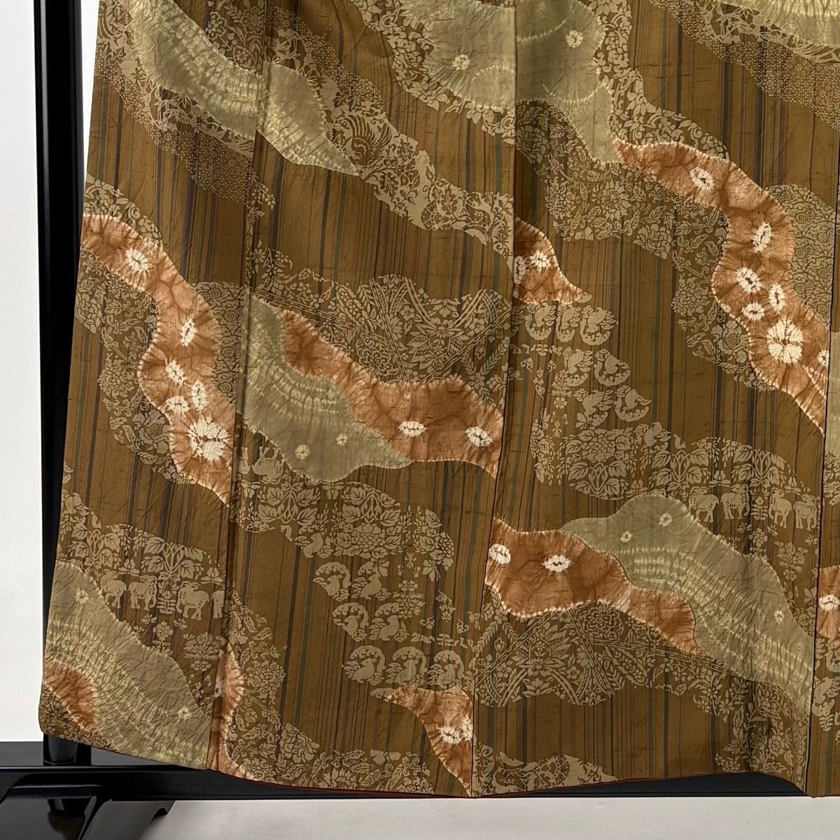 小紋 身丈158.5cm 裄丈66cm M 袷 紬地 道長取り 草花 絞り 茶色 正絹