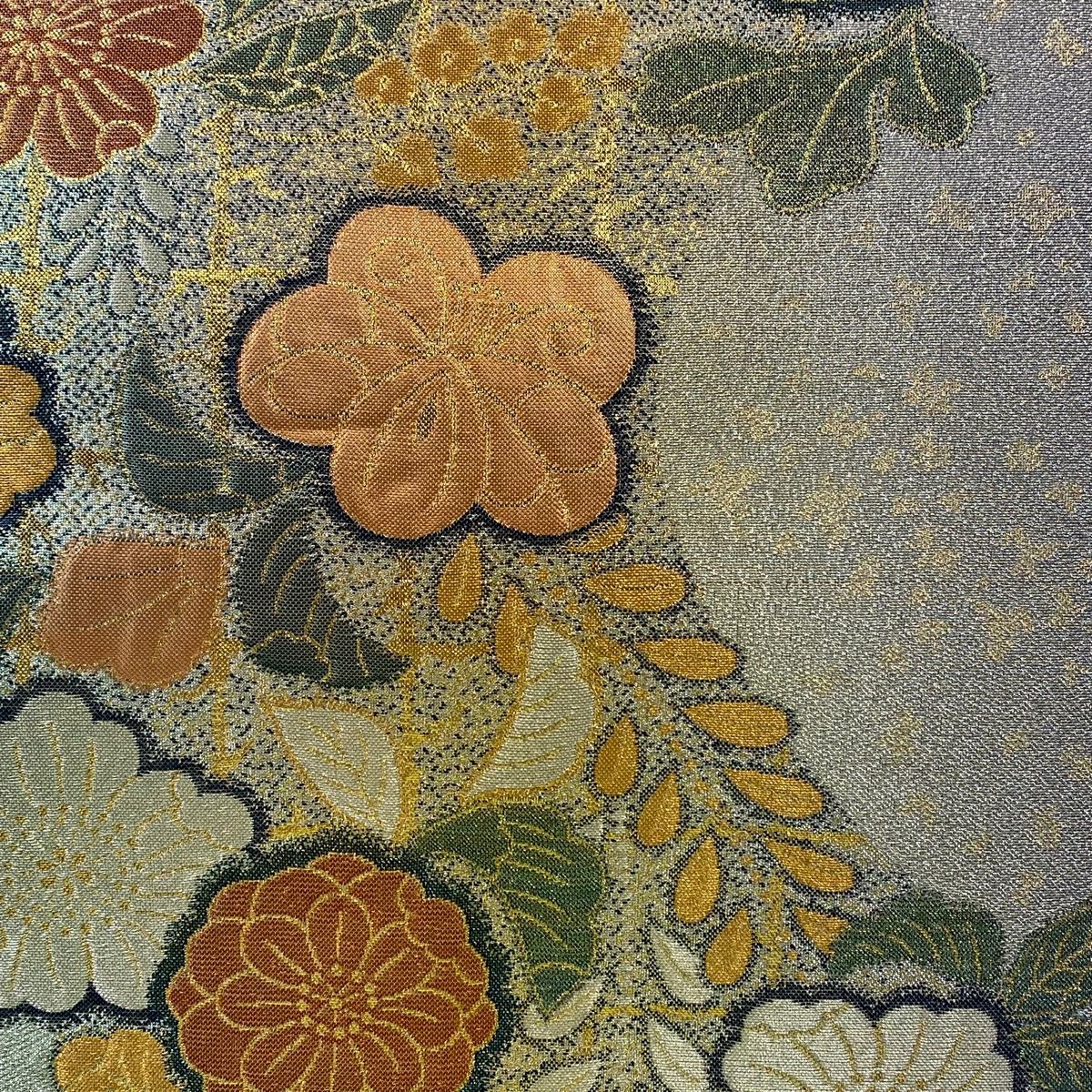 袋帯 秀品 椿 桜 金銀糸 箔 薄緑 六通 正絹