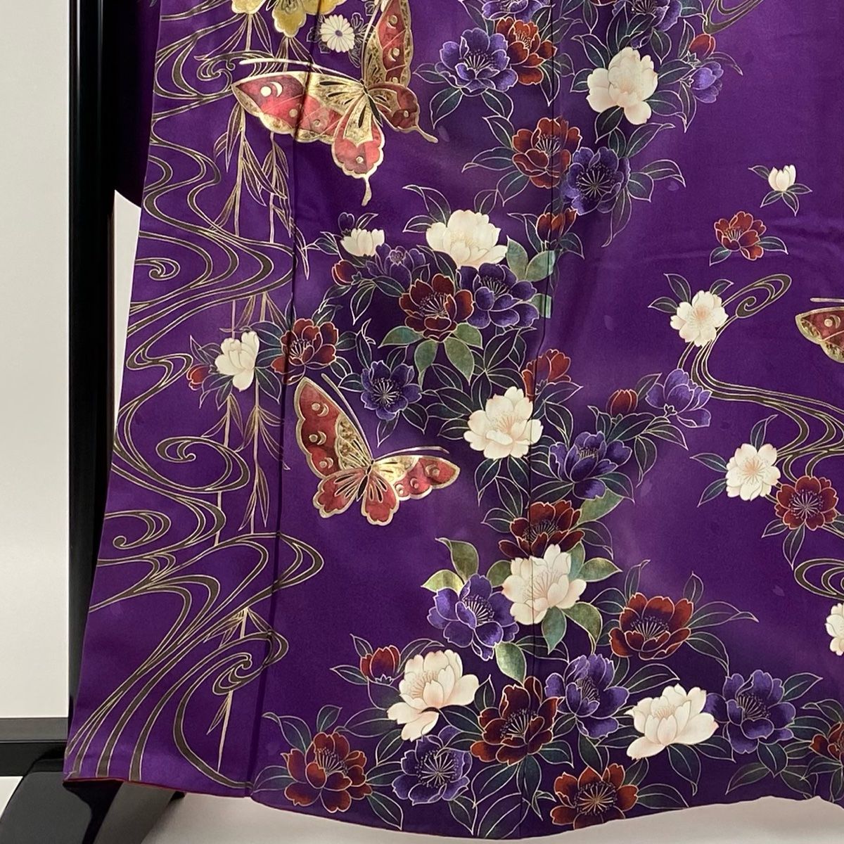 振袖 身丈162cm 裄丈67.5cm L 袷 蝶 草花 金彩 ぼかし 紫 正絹