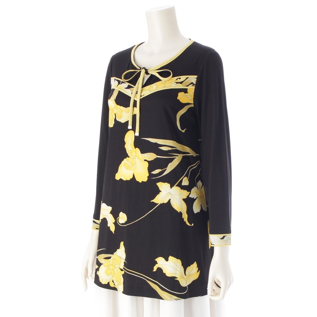 レオナール ファッション カンカン リボン 花柄 長袖 チュニック トップス 0149211 ブラック×イエロー 36