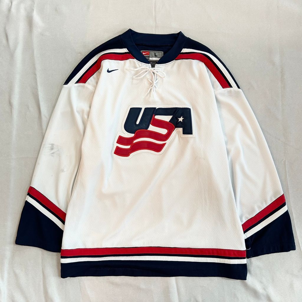 NIKE ナイキ ホッケー IIHF 白×紺×赤 USA ゲームシャツ ユニフォーム Lサイズ No.B091