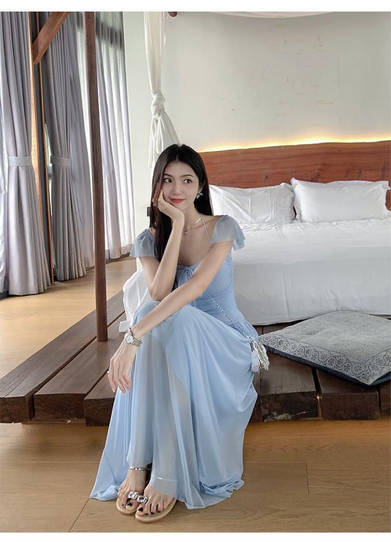 春のスクエアネックスカートモテ服ロングワンピ上品セクシー高見えアイテム