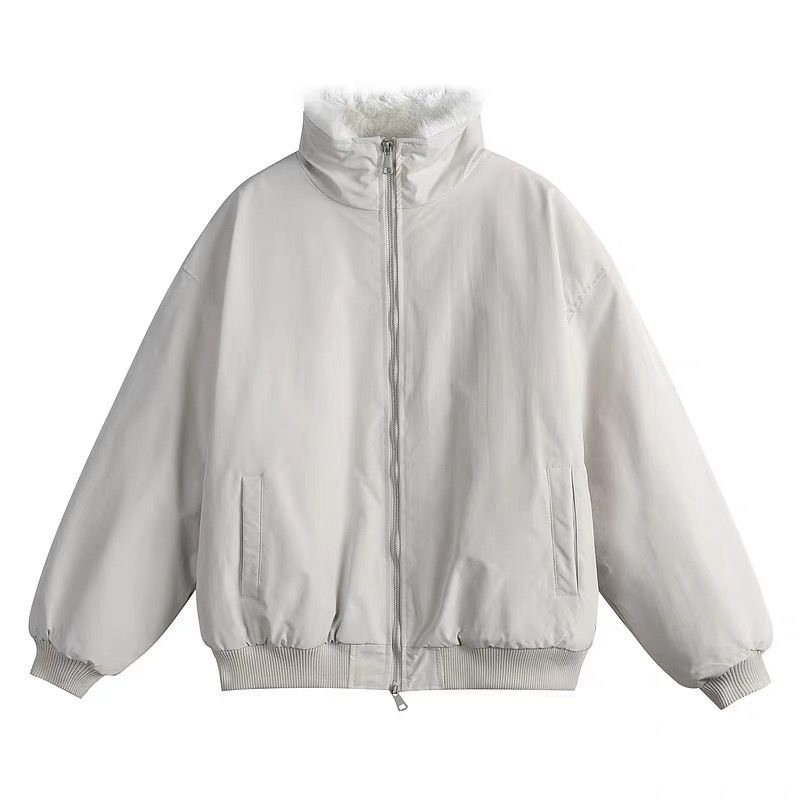 ♥ h アメリカンヴィンテージ風 無地 ファー付き 中綿ジャケット｜ユニセックス 厚手 冬用 クリーンフィット カップルコーデ