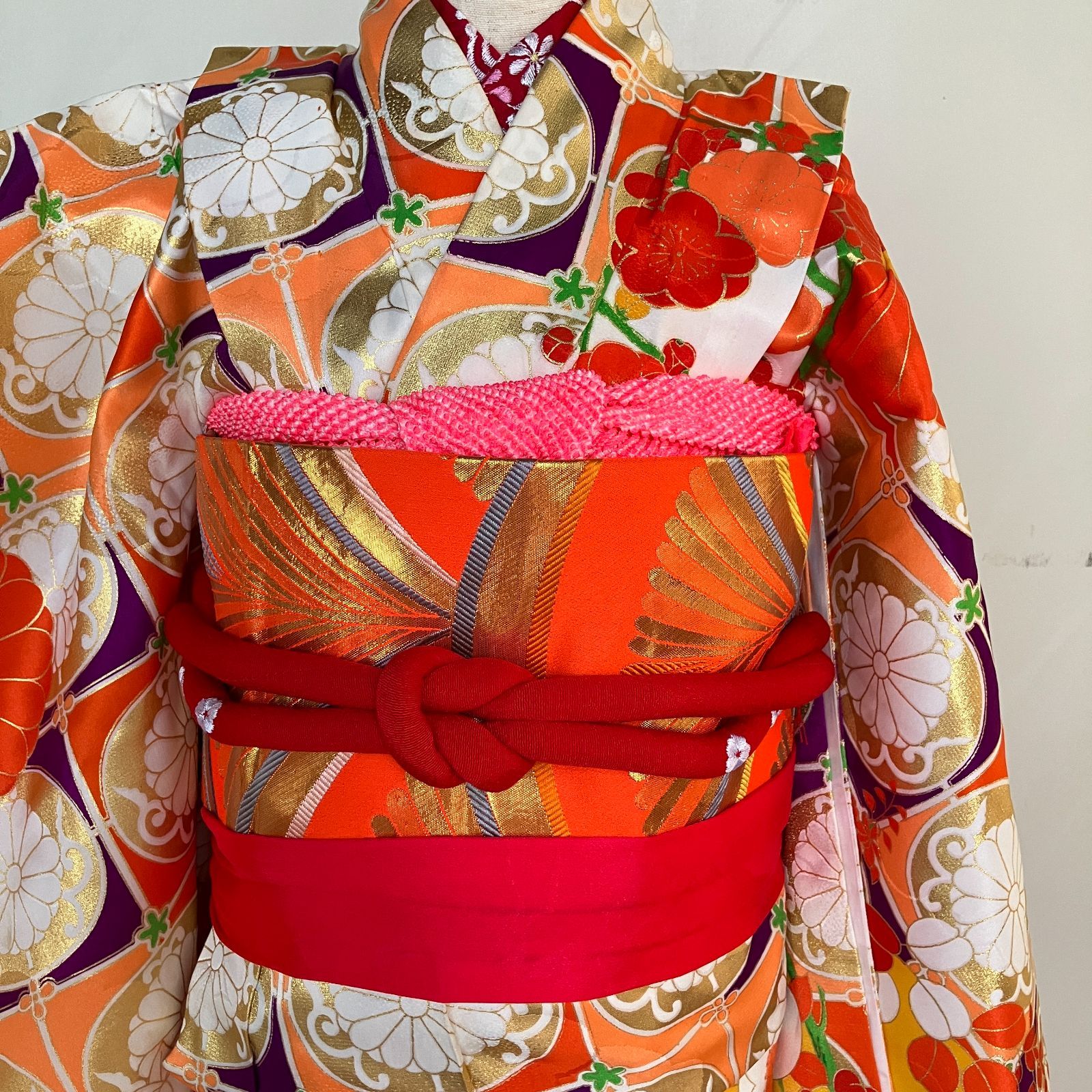 七五三 7歳女の子 着物 四つ身 紫×オレンジ 半襦袢 作り帯セット 帯揚げ帯締めしごき付き ビンテージ きもの猫田 T332332