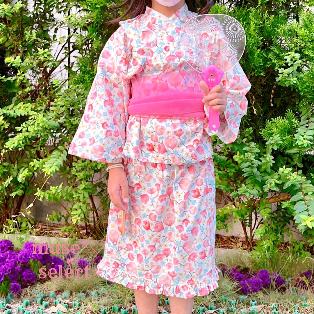 120 130 浴衣ドレスセット フリルスカート 兵児帯 セパレート 簡単3点