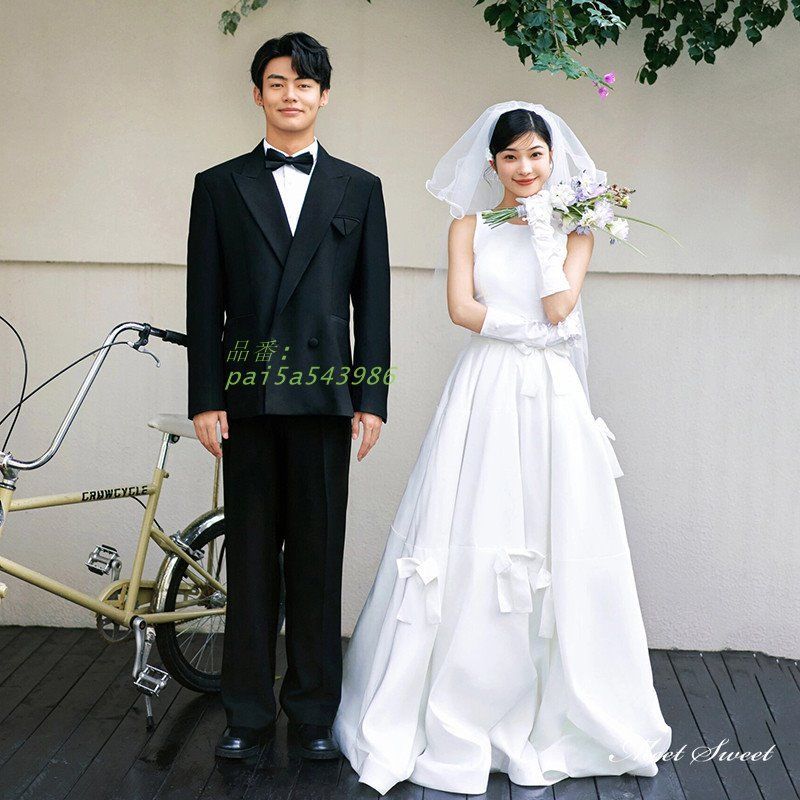 ウェディングドレス ロングドレス Aラインドレス ノースリーブ リボン 二次会 サテン 可愛い 花嫁 結婚式 ウエディングドレス ブライダル 前撮り 挙式 pai5a543986