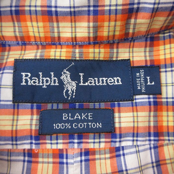 XL/古着 ラルフローレン 半袖 ブランド シャツ メンズ 90s ワンポイントロゴ BLAKE 大きいサイズ ロング丈 コットン ボタンダウン オレンジ