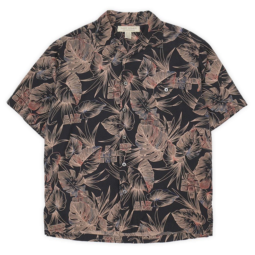 アイランドリパブリック ISLAND REPUBLIC 90s 90年代 オープンカラー シルクシャツ USA ヴィンテージ VINTAGE アメリカ 古着 総柄 ブラック 黒 M【中古】