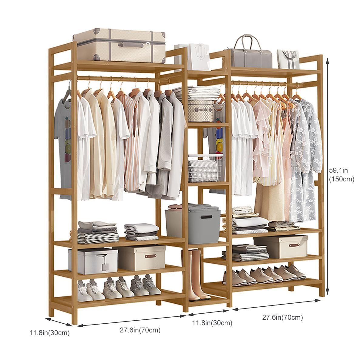 オープンラック コートハンガー 棚付き クローゼット 衣類収納棚 洋服ラック ワードローブ 洋服掛け 天然竹製 収納ラック ハンガーラック 大容量 PASRLD 頑丈