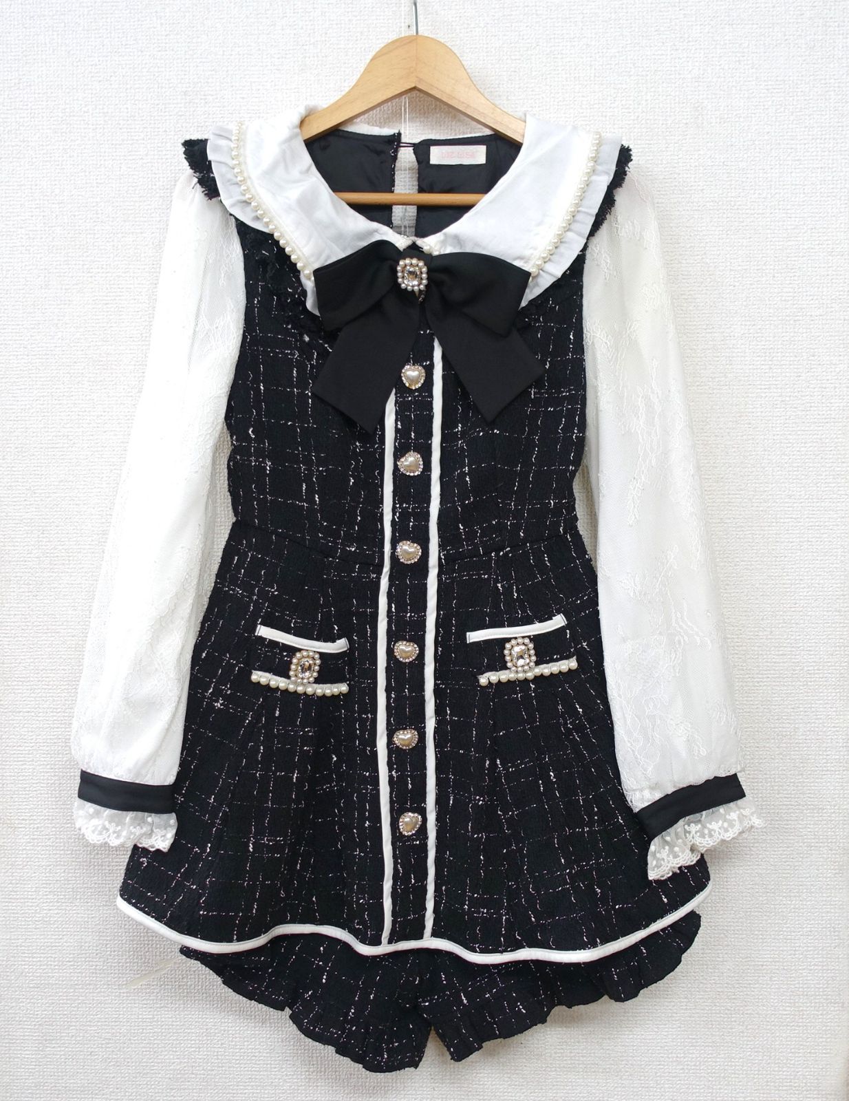 LIZ LISA リボンツイードセットアップ 0|Fサイズ ブラック 黒 レース 丸襟 ビジュー パール リズリサ