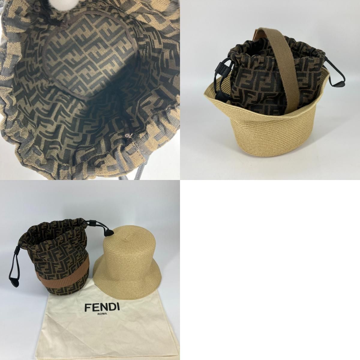 FENDI フェンディ ハット AIJE RAFFIA BUCKET Hat バケットハット＆巾着バッグ FXQ891 レザー