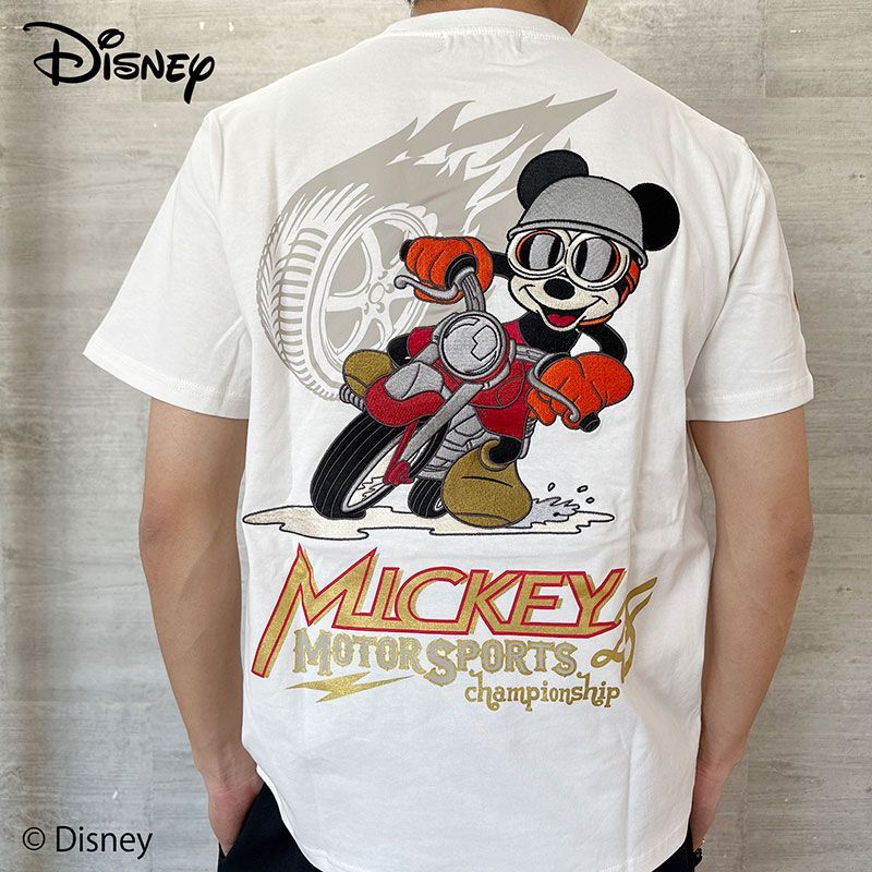 フラッグスタッフ ミッキーマウス 刺繍半袖Tシャツ 442502 Mickey Mouse わんわん洋品店 バイク #10 WHITE 白 L XL XXL