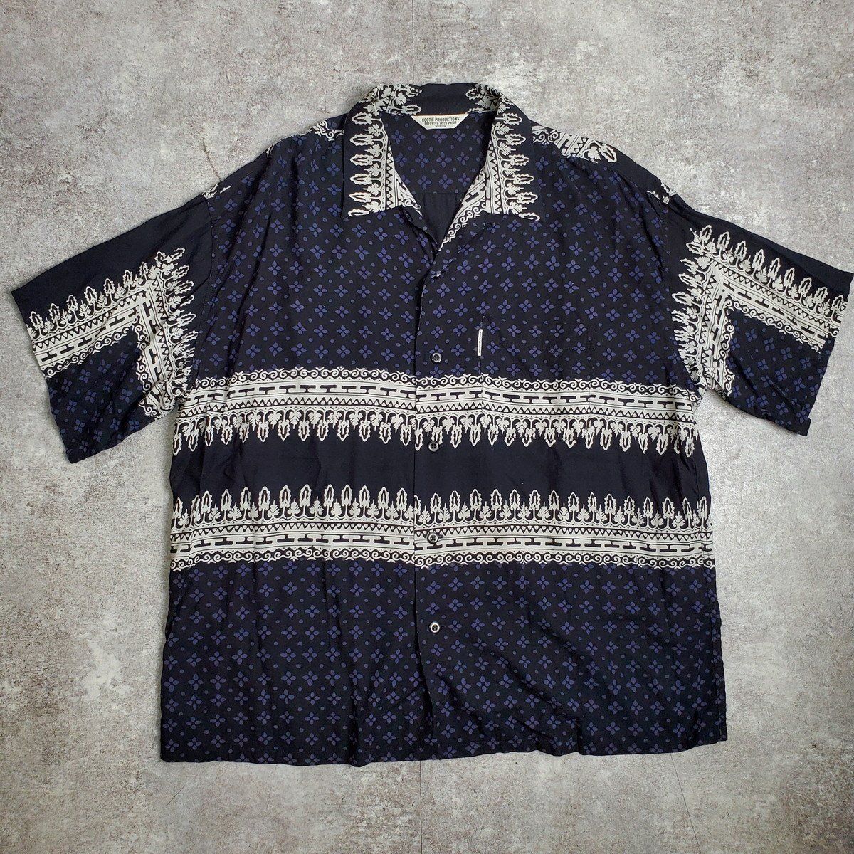 COOTIE クーティー レーヨンオープンカラーシャツ 半袖シャツ 総柄 ネイビー ホワイト トップス メンズ M 開襟 日本製