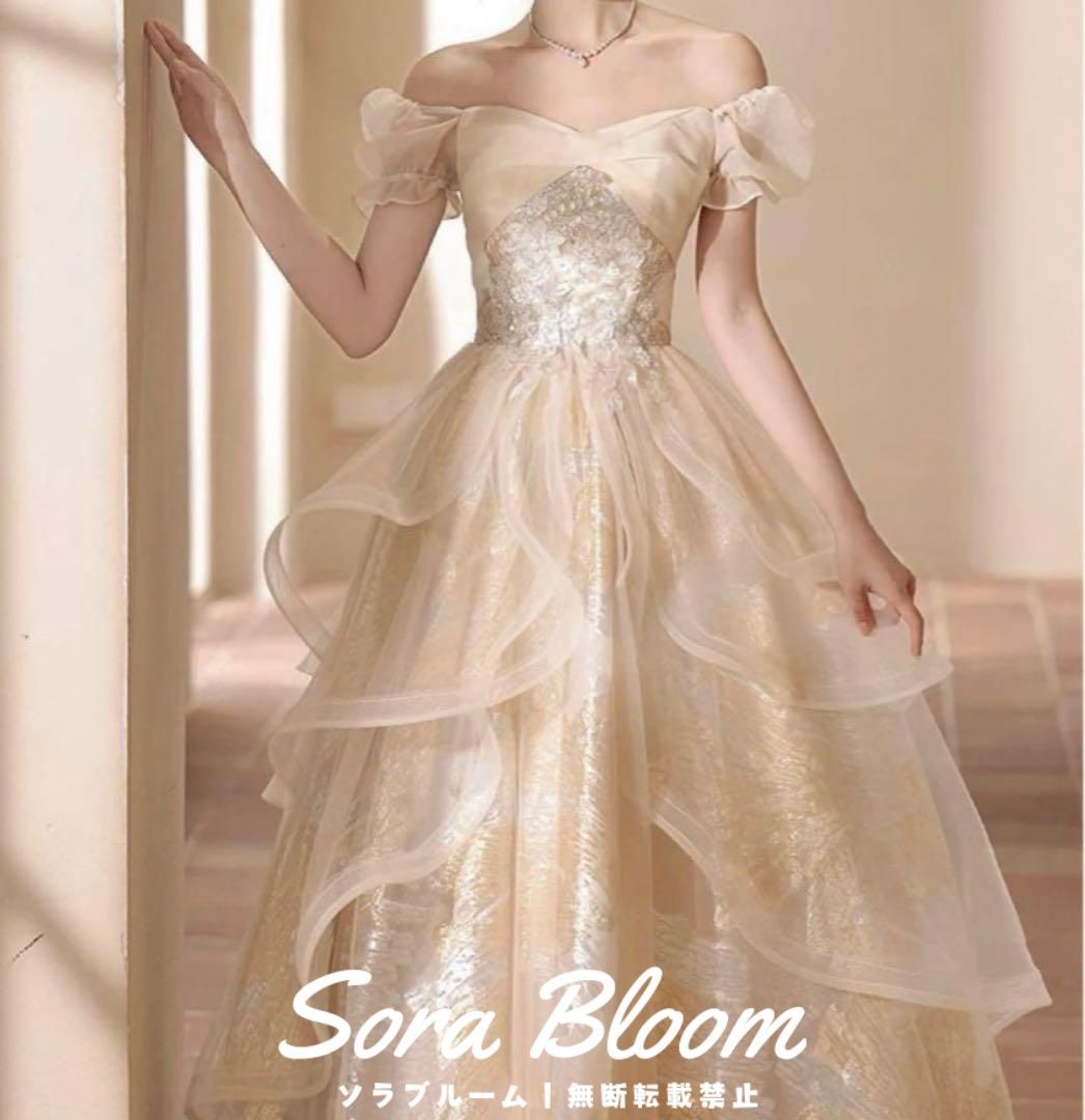 花柄にフリルのスカートが可愛い パフスリーブイブニングドレス 新品 未使用】花柄にフリルのスカートが可愛い パフスリーブ