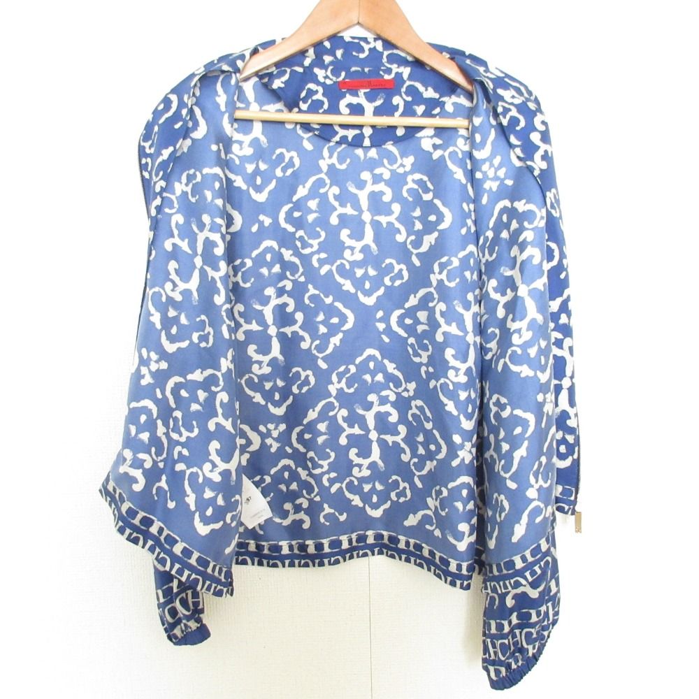 美品 CAROLINA HERRERA キャロライナ ヘレラ シルクブルゾン ジャケット サイズM ブルー ホワイト レディース 古着 中古 USED 美品 CAROLINA HERRERA キャロライナ ヘレラ シルクブルゾン